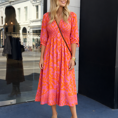 Oranje Midi Jurk Zomerse Vrouwenjurk Elegante Stijl