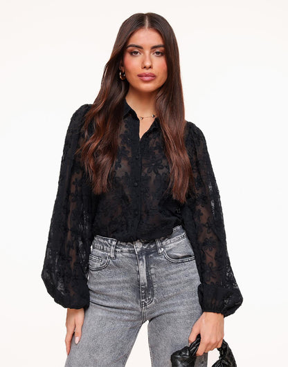 Zwarte Bloes met Bloemenprint Transparante Mouwen