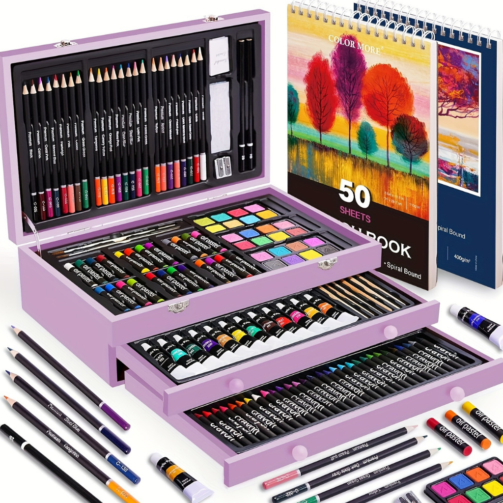 Kunstenaarsset 175-Delig met Houten Opbergbox – Malstifte Acrylverf Aquarel Pastels Tekenblok