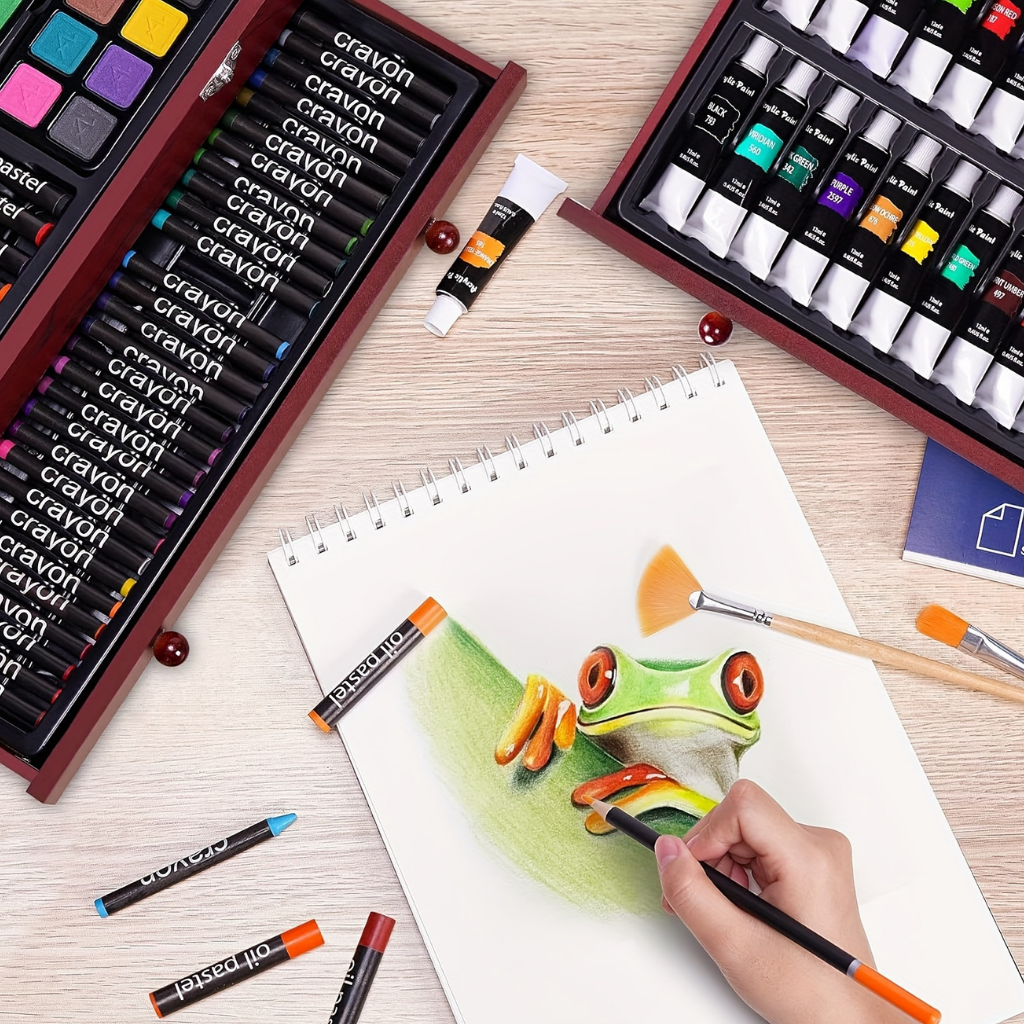 Kunstenaarsset 175-Delig met Houten Opbergbox – Malstifte Acrylverf Aquarel Pastels Tekenblok