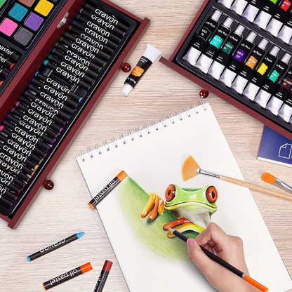 Kunstenaarsset 175-Delig met Houten Opbergbox – Malstifte Acrylverf Aquarel Pastels Tekenblok