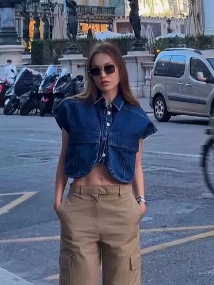 Elegante Blouse in Donkerblauw Denim