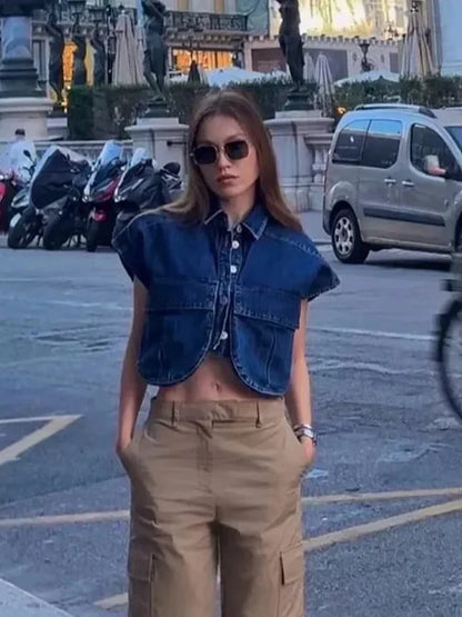 Elegante Blouse in Donkerblauw Denim
