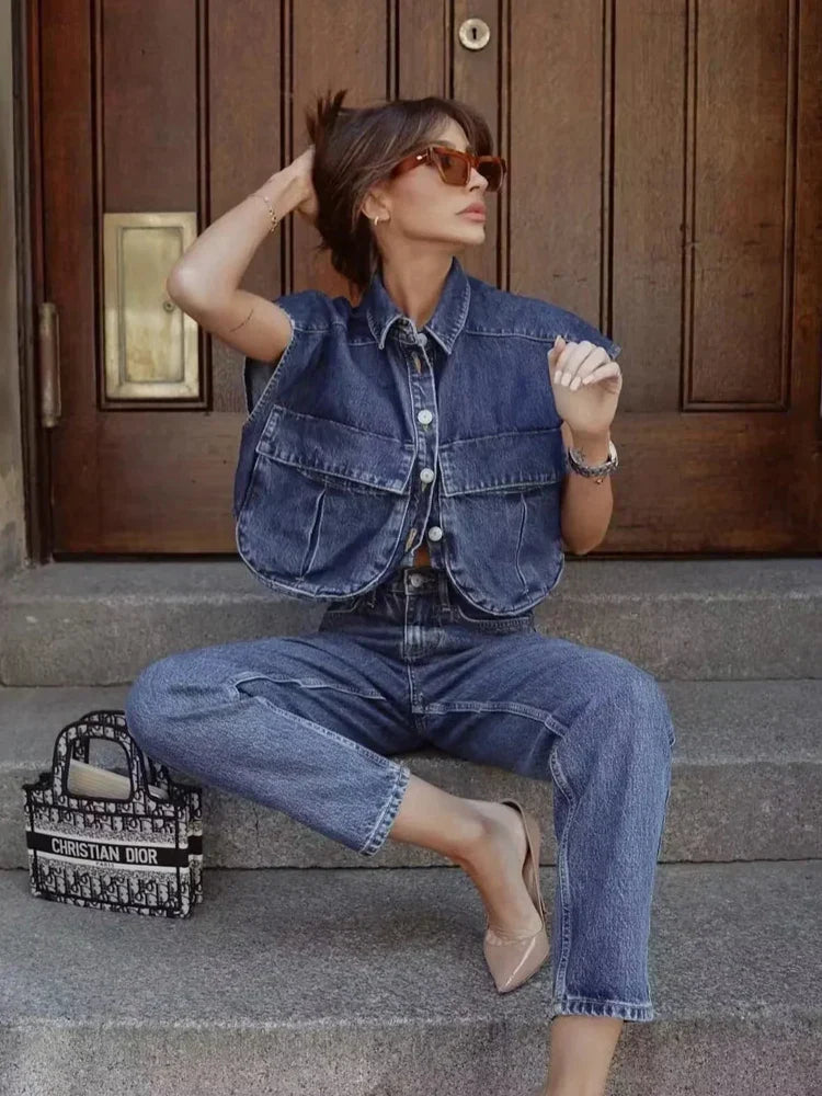 Elegante Blouse in Donkerblauw Denim - StudioMarella