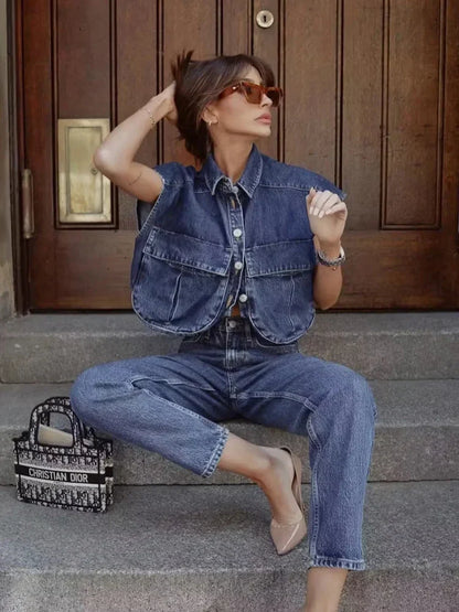 Elegante Blouse in Donkerblauw Denim - StudioMarella