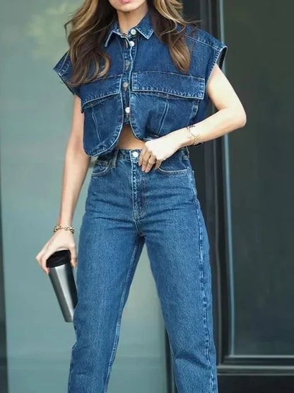 Elegante Blouse in Donkerblauw Denim