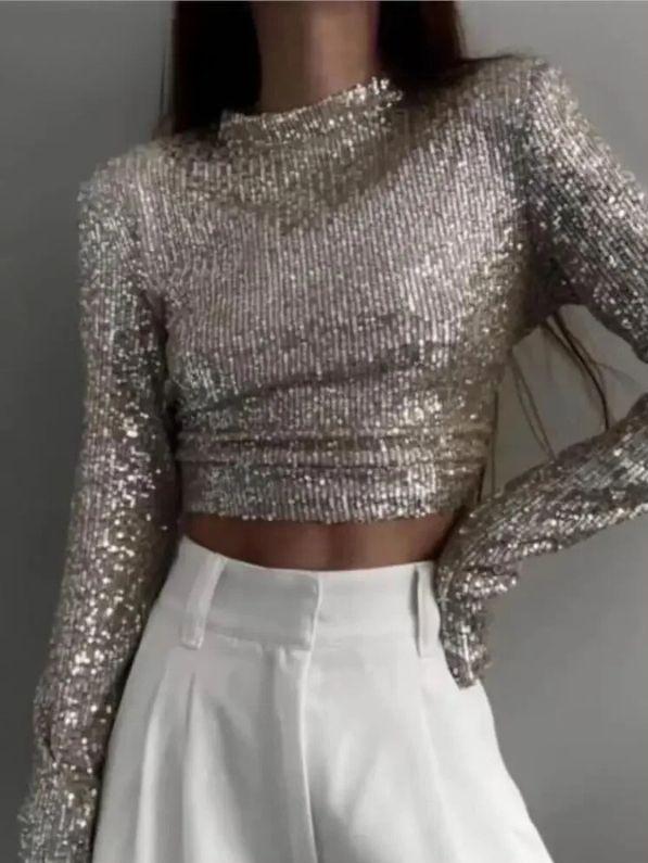 Glitter Top met Lange Mouwen en Pailletten