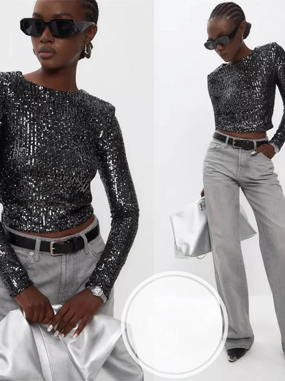 Glitter Top met Lange Mouwen en Pailletten