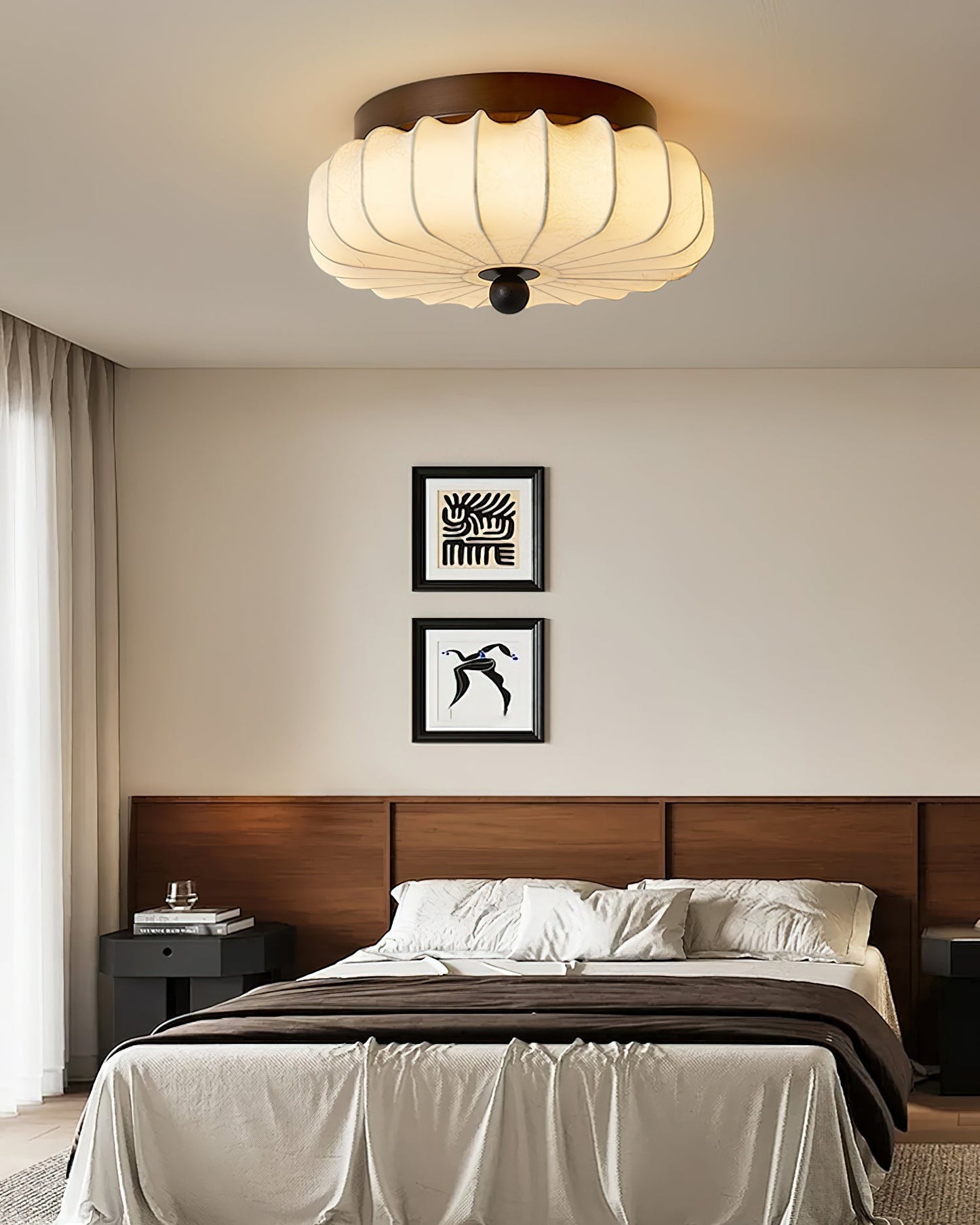 Plafondlamp met Walnoot Frame en Stoffen Kap – Vintage Design met Geïntegreerde LED