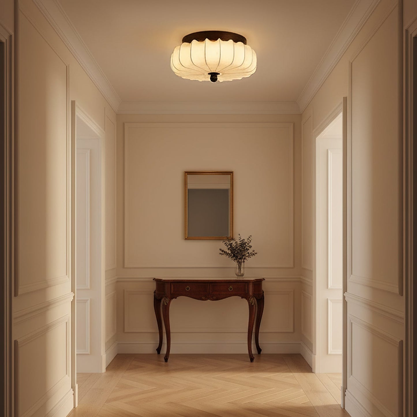Plafondlamp met Walnoot Frame en Stoffen Kap – Vintage Design met Geïntegreerde LED