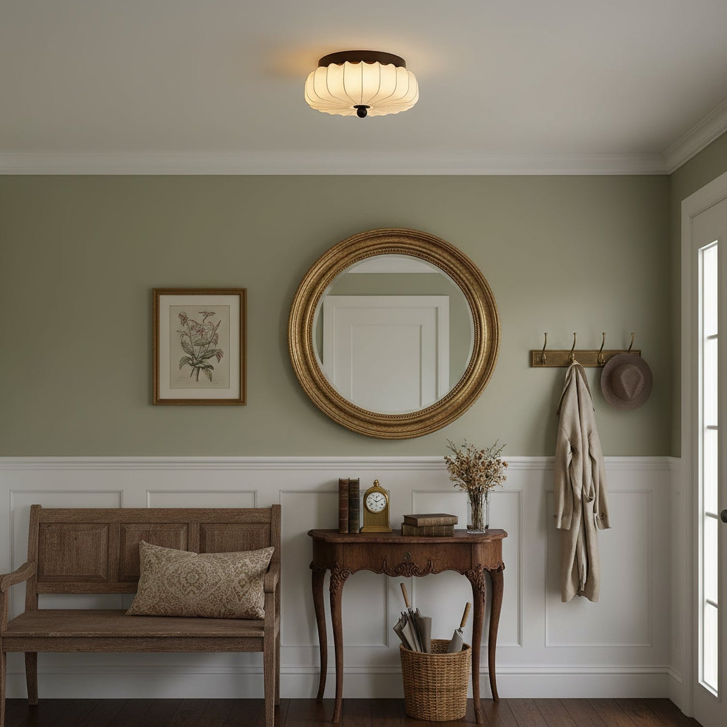 Plafondlamp met Walnoot Frame en Stoffen Kap – Vintage Design met Geïntegreerde LED