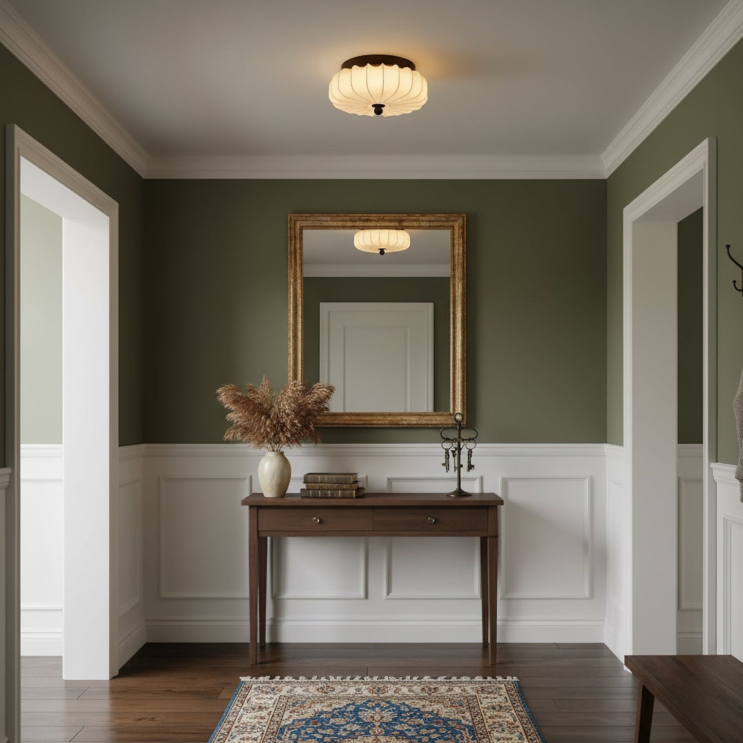 Plafondlamp met Walnoot Frame en Stoffen Kap – Vintage Design met Geïntegreerde LED