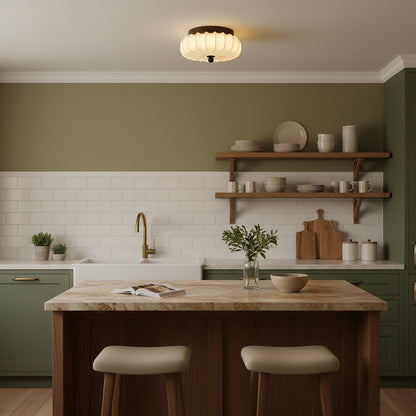 Plafondlamp met Walnoot Frame en Stoffen Kap – Vintage Design met Geïntegreerde LED