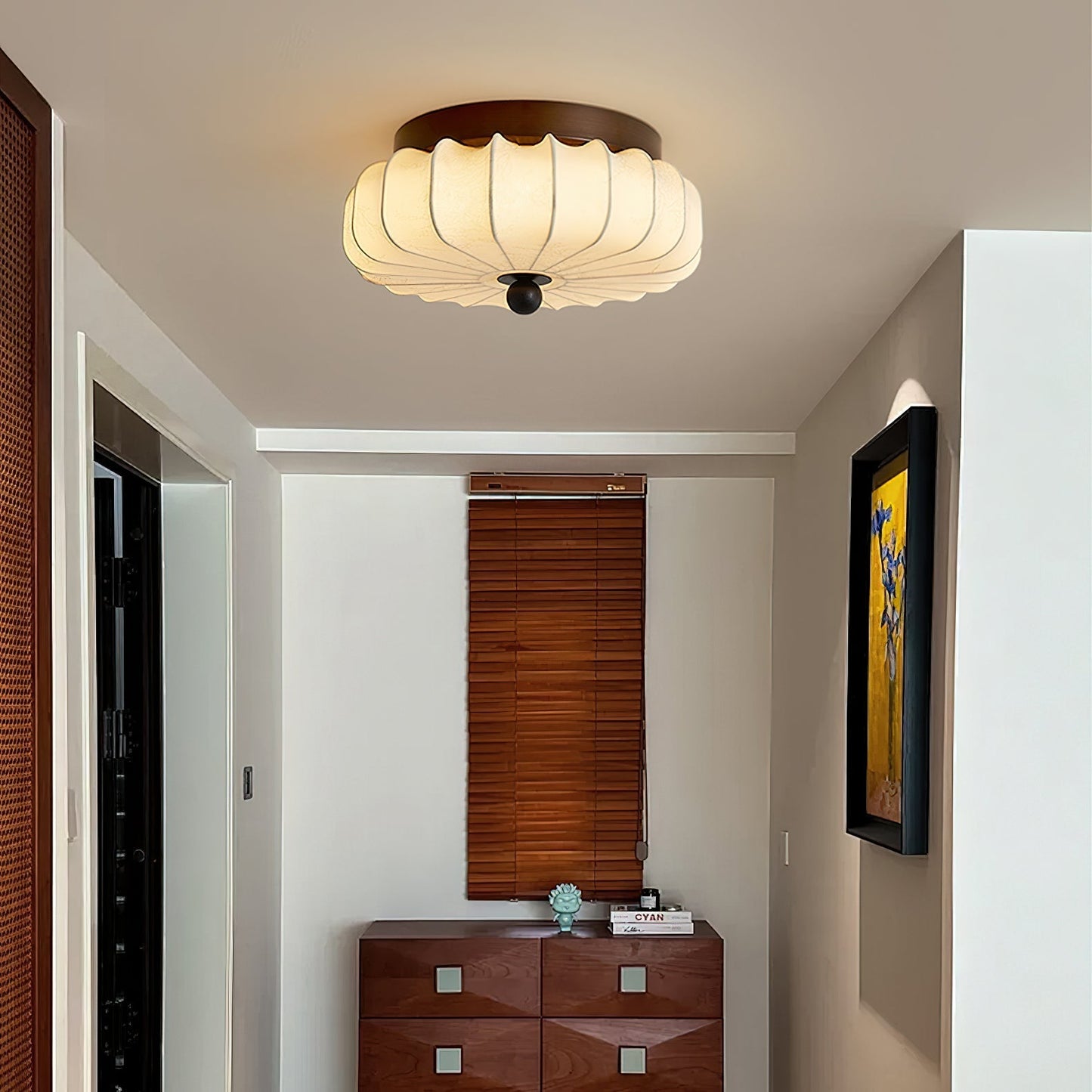 Plafondlamp met Walnoot Frame en Stoffen Kap – Vintage Design met Geïntegreerde LED