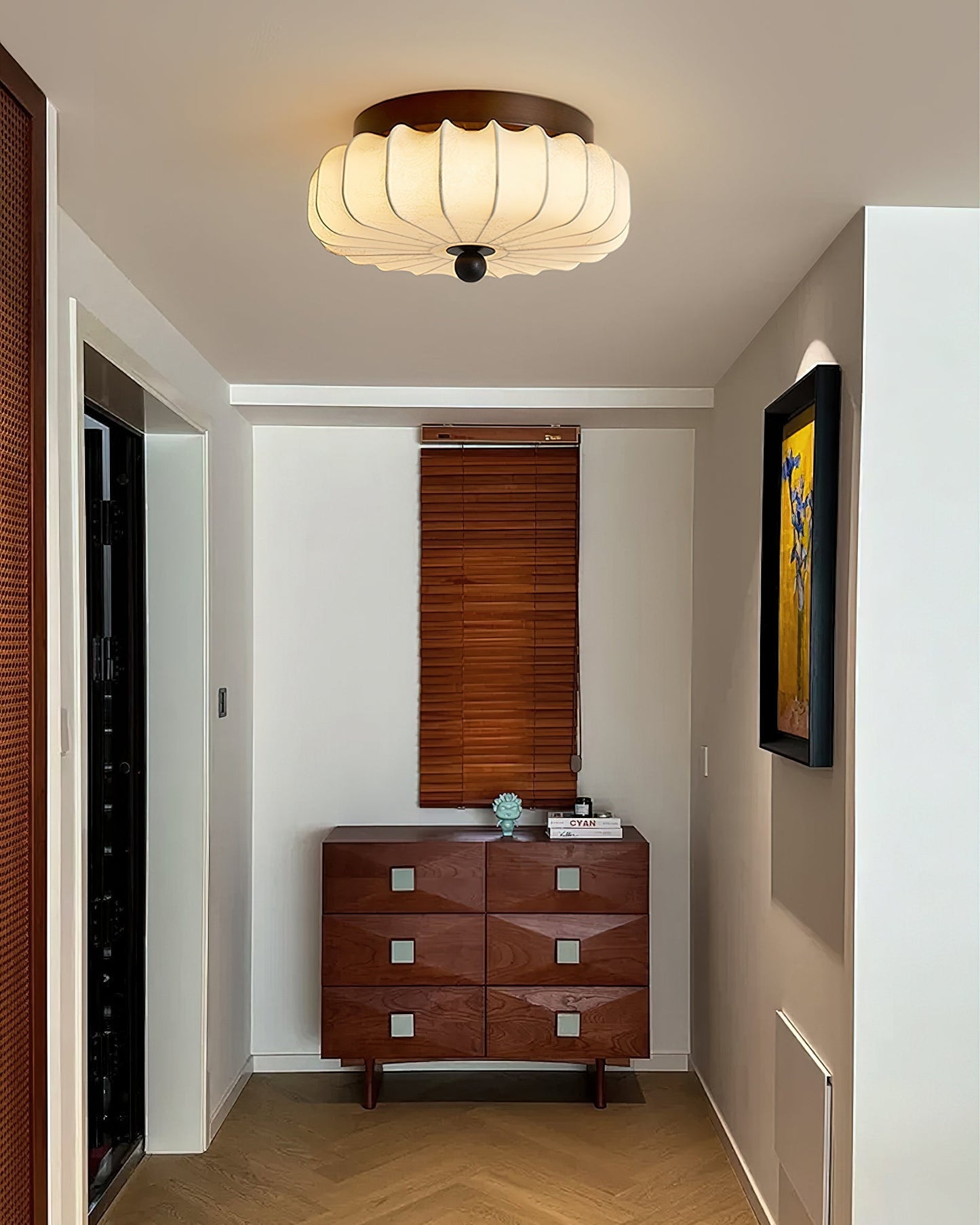 Plafondlamp met Walnoot Frame en Stoffen Kap – Vintage Design met Geïntegreerde LED