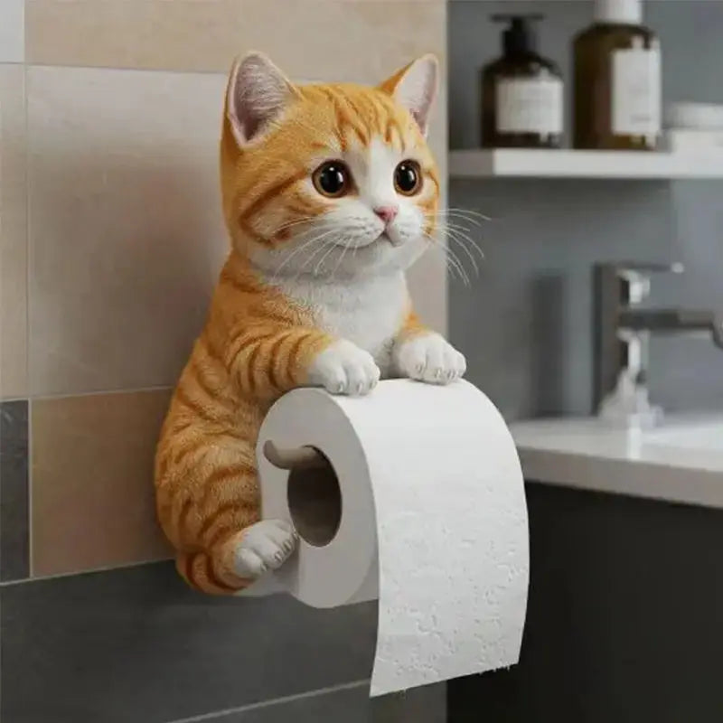 Toiletrolhouder Kat Kunsthars – Wandmontage Wc-Papierhouder met Kattenfiguur | Grijs Wit Zwart Oranje