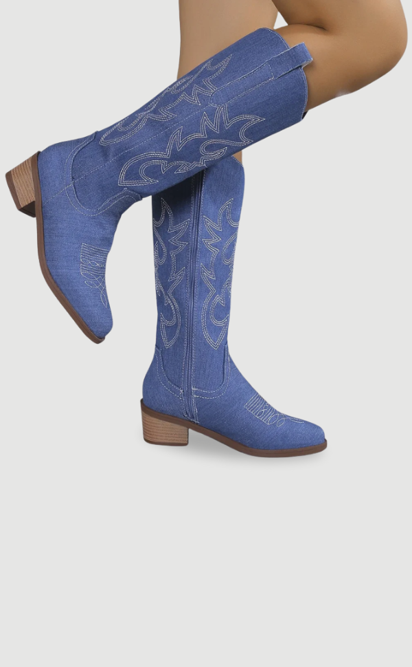 Vrouwelijke Blauwe Denim Laarzen Western Stijl