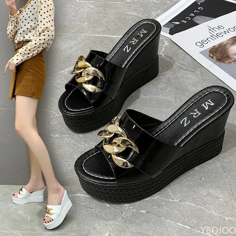 Slippers Met Hoge Hak en Ketting Detail