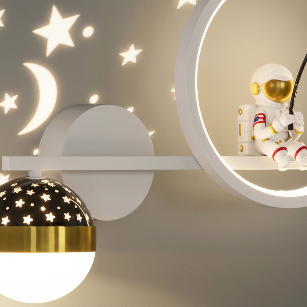 Wandlamp Kinderkamer Astronaut LED Goud Sterren Maan Nachtlamp Jongens Meisjes Babykamer Wandlicht Ruimtevaart Sfeerlamp