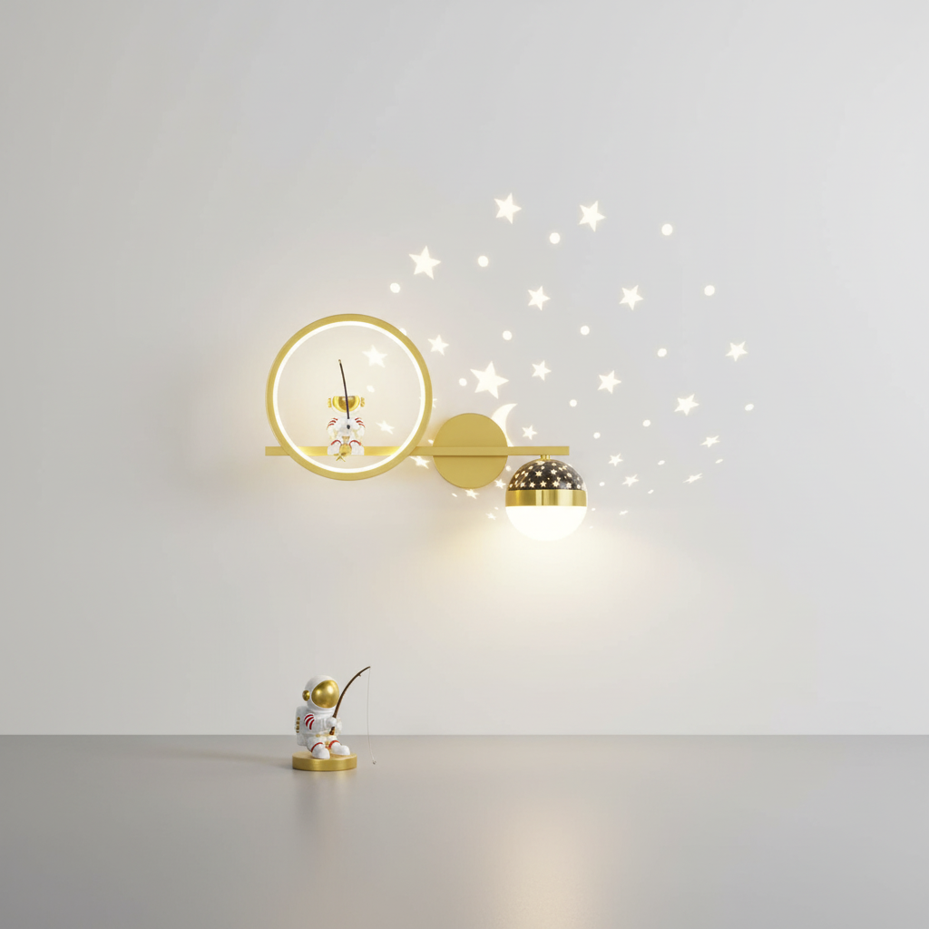 Wandlamp Kinderkamer Astronaut LED Goud Sterren Maan Nachtlamp Jongens Meisjes Babykamer Wandlicht Ruimtevaart Sfeerlamp