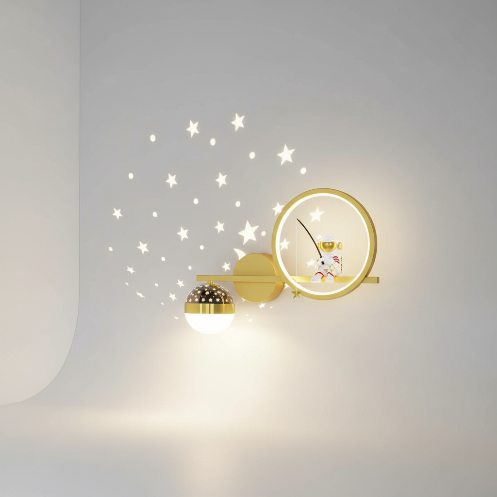 Wandlamp Kinderkamer Astronaut LED Goud Sterren Maan Nachtlamp Jongens Meisjes Babykamer Wandlicht Ruimtevaart Sfeerlamp