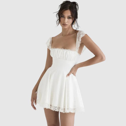 Kleed Minirok Parelmoer Kort Model met Vierkant Dekolleté