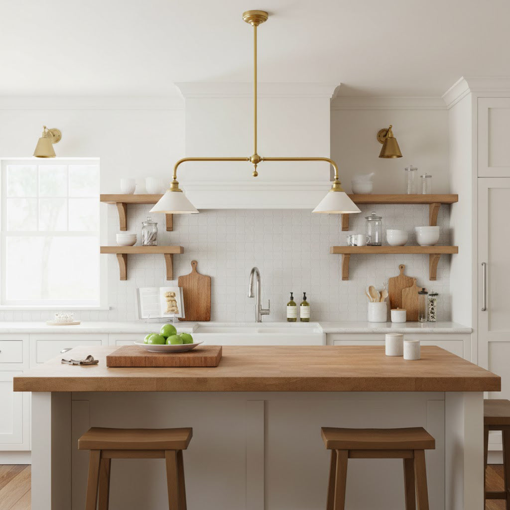 Luxe Design Hanglamp Met Witte Glazen Kappen Voor Eettafel En Keukeneiland In Messing Afwerking