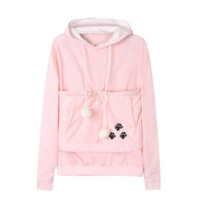 De Klaassen hoodie, een stijlvolle roze hoodie met witte accenten, voorzien van een handige buidelzak en schattige pootafdrukken. Perfect voor een trendy look en comfortabel gebruik.