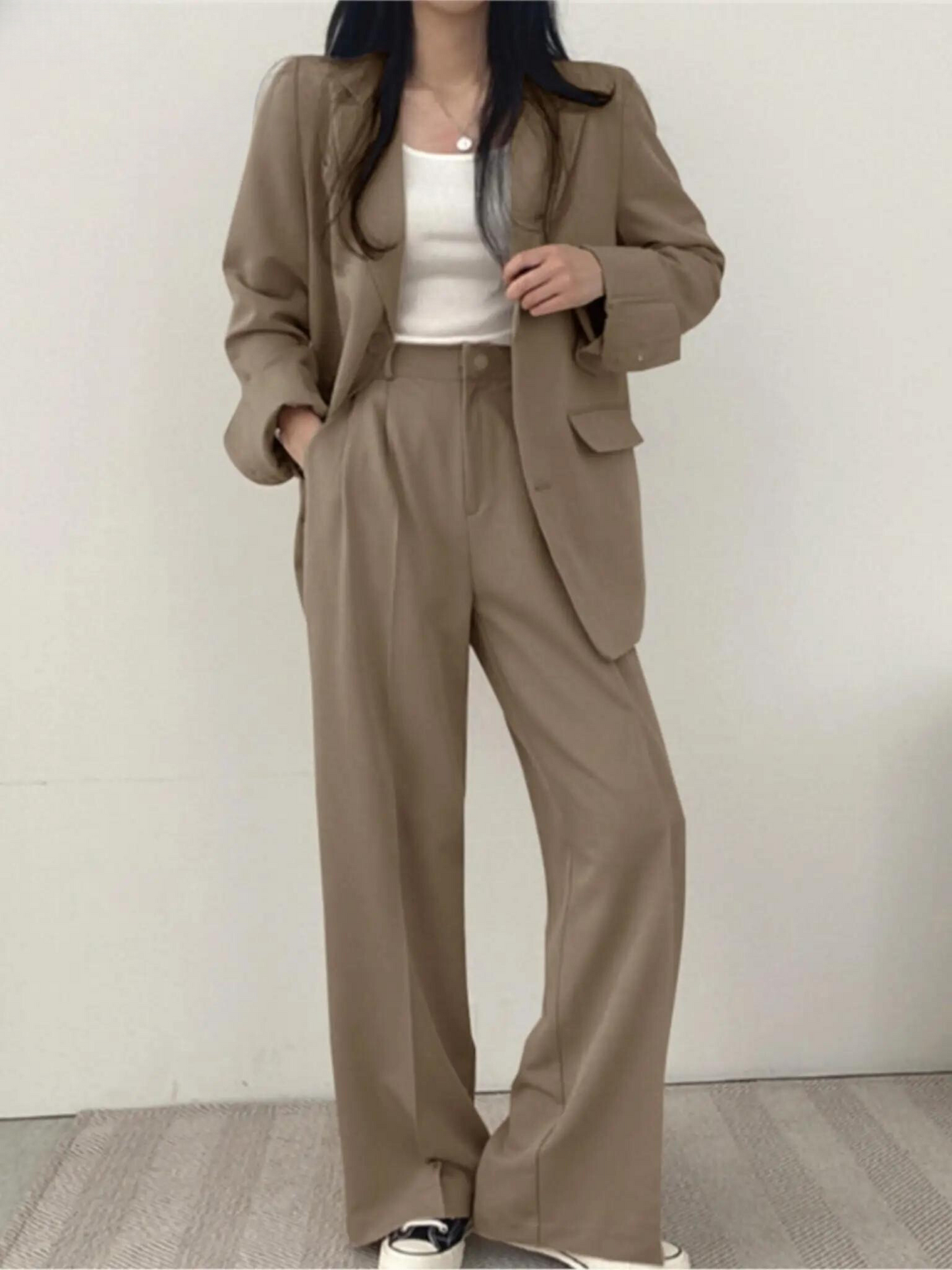 Vrouwelijke Broek Blazer Set Wijd en Stijlvol