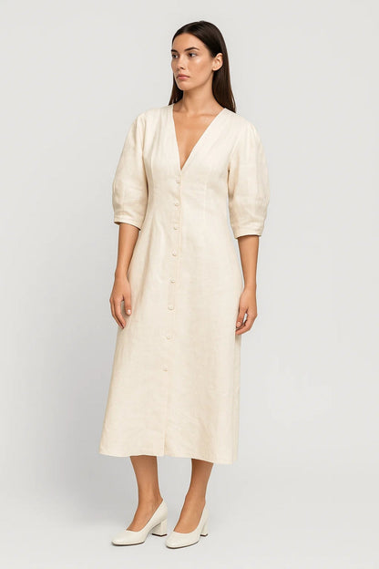 Midi Jurk Dames met V-hals en Knoopsluiting Klassieke Stijl - StudioMarella