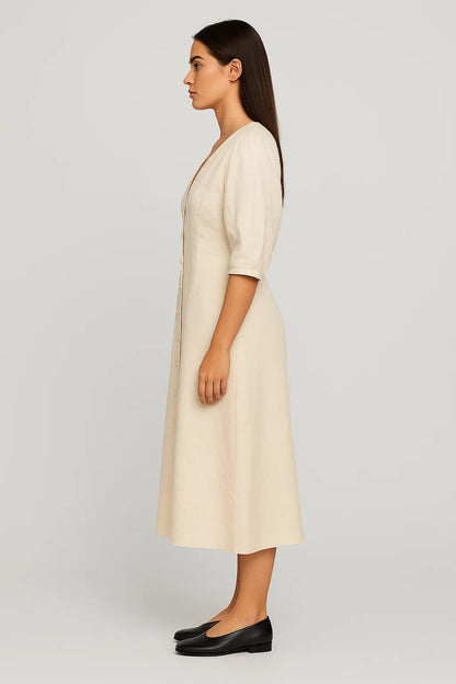 Midi Jurk Dames met V-hals en Knoopsluiting Klassieke Stijl