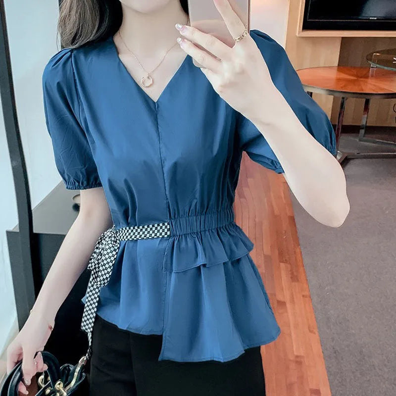 Vrouwen Blouse Zomerse Pofmouw met V-hals en Ruches