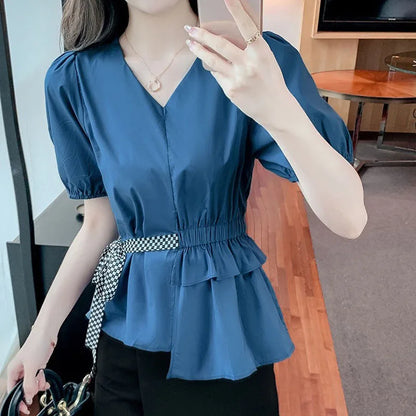 Vrouwen Blouse Zomerse Pofmouw met V-hals en Ruches