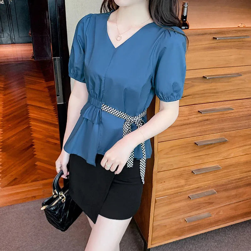 Vrouwen Blouse Zomerse Pofmouw met V-hals en Ruches