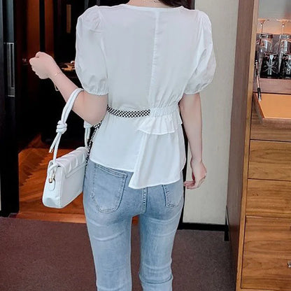 Vrouwen Blouse Zomerse Pofmouw met V-hals en Ruches