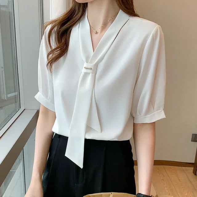 Dames Blouse Korte Mouwen Strik Koreaanse Stijl - StudioMarella