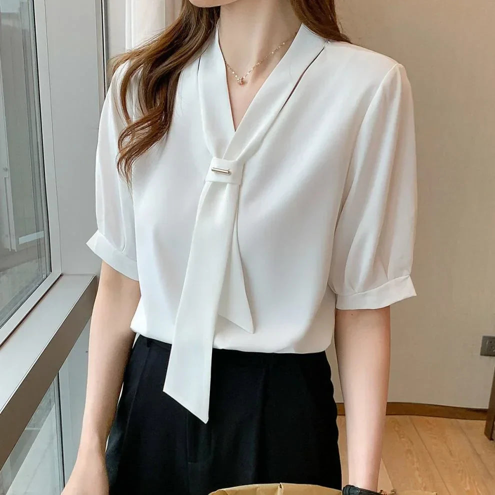 Dames Blouse Korte Mouwen Strik Koreaanse Stijl