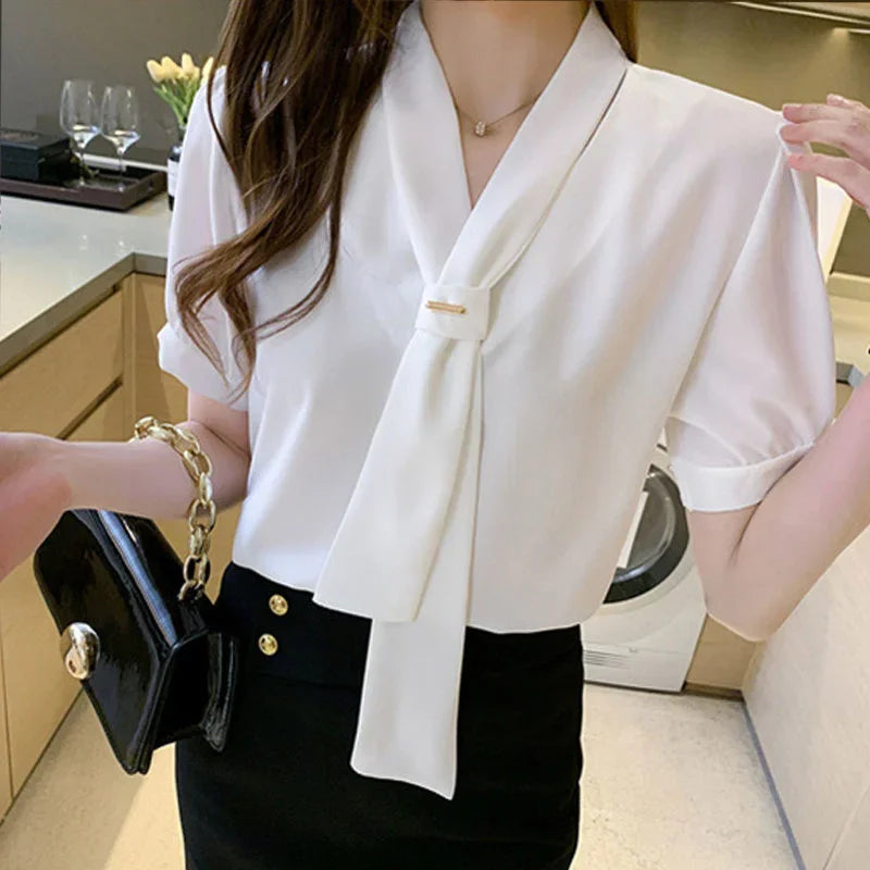 Dames Blouse Korte Mouwen Strik Koreaanse Stijl