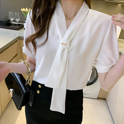 Dames Blouse Korte Mouwen Strik Koreaanse Stijl