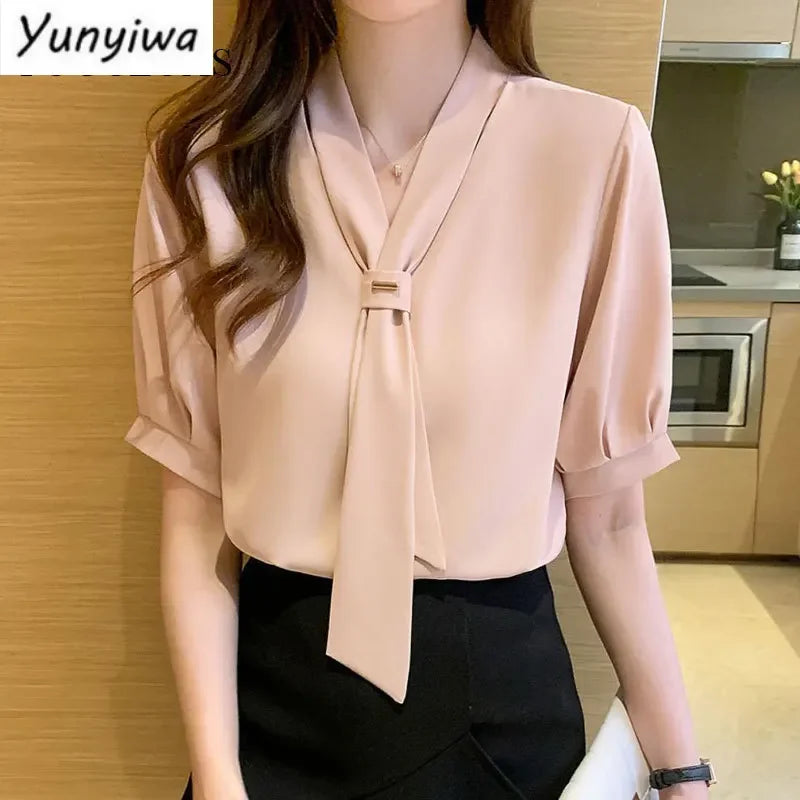 Dames Blouse Korte Mouwen Strik Koreaanse Stijl