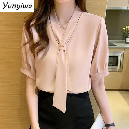 Dames Blouse Korte Mouwen Strik Koreaanse Stijl