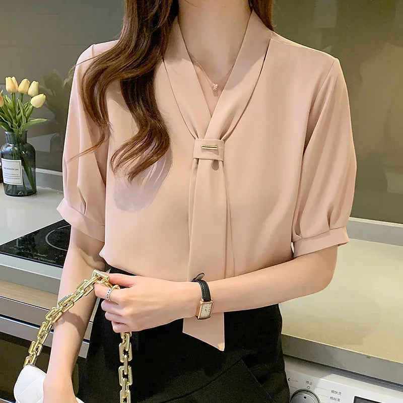 Dames Blouse Korte Mouwen Strik Koreaanse Stijl