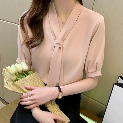 Dames Blouse Korte Mouwen Strik Koreaanse Stijl
