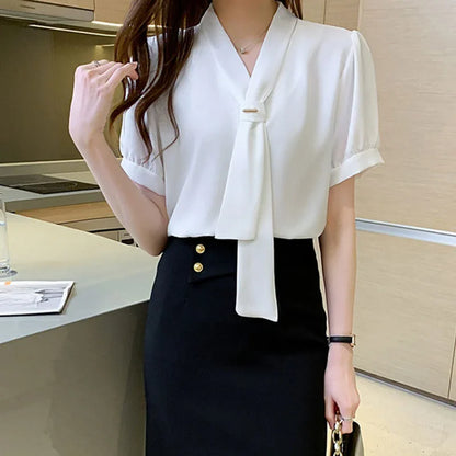 Dames Blouse Korte Mouwen Strik Koreaanse Stijl