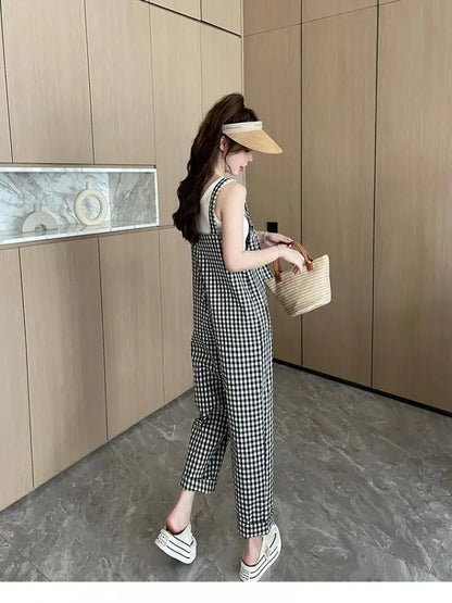 Koreaanse Jumpsuit Ruitjespatroon Stijlvol Zwart-Wit