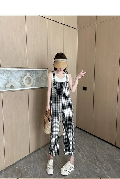Koreaanse Jumpsuit Ruitjespatroon Stijlvol Zwart-Wit