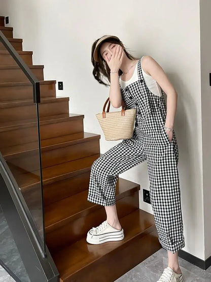 Koreaanse Jumpsuit Ruitjespatroon Stijlvol Zwart-Wit