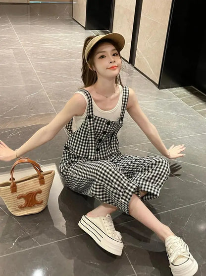 Koreaanse Jumpsuit Ruitjespatroon Stijlvol Zwart-Wit