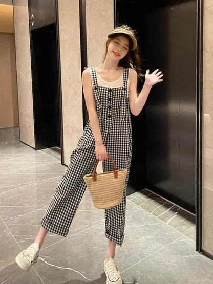 Koreaanse Jumpsuit Ruitjespatroon Stijlvol Zwart-Wit - StudioMarella