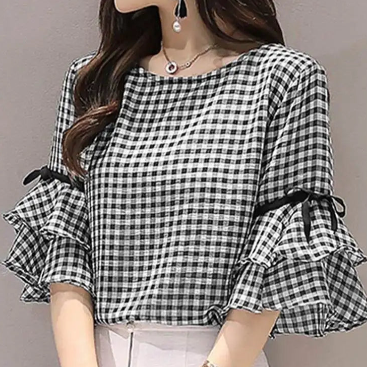 Geruite Zomerblouse Koreaanse Stijl Vrouwen Blouse Zomer - StudioMarella